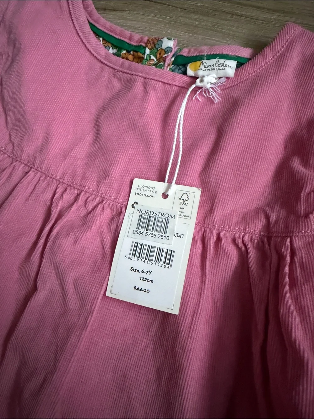 Mini Boden 6-7Y Dress Girls Pink Corduroy Ruffle Sleeve Floral Lined Dress NWT